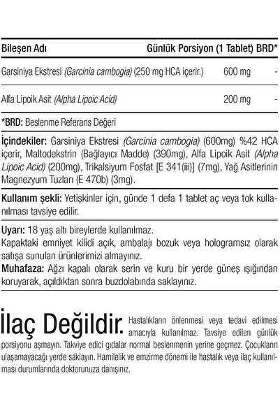 Canfeza Sezgin METABLOC 30 Tablet GARSİNİYA Ekstresi (Garcinia Cambogia Hidroksisitrik Asit HCA Ekstresi), Alfa Lipoik Asit Kompleksi