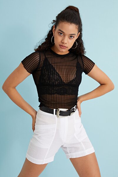 Bukamiss Bluză transparentă din tul cu mânecă scurtă, cu dungi negre, cu decolteu, pentru femei