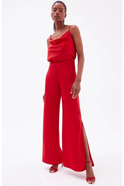 Sateen Slit Detailed Satin Trousers - Red