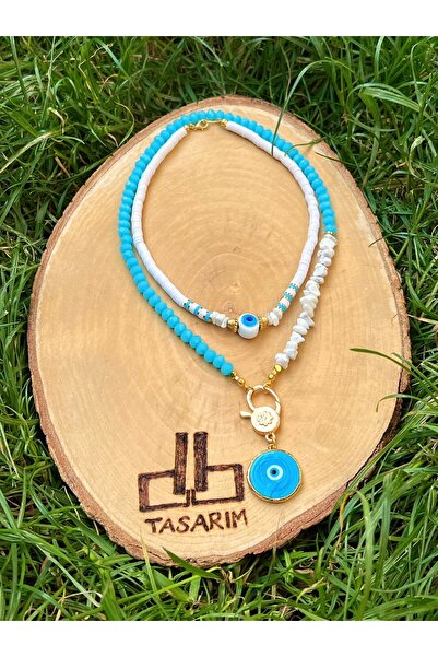 db DİLEK BAŞ TASARIM Kristal Boncuklu Ve Nazar Boncuğu Uçlu Kolye