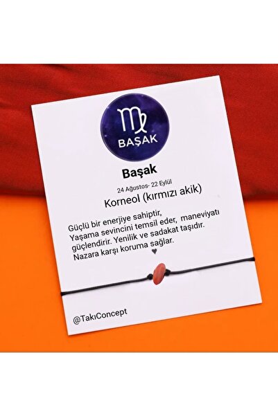 TakıConcept Başak Burcu Karneol (kırmızı Akik) Doğal Taşlı Ip Burç Bilekliği
