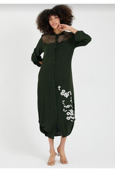 unishe Mesh Detail Khaki Embroidered Long Dress
