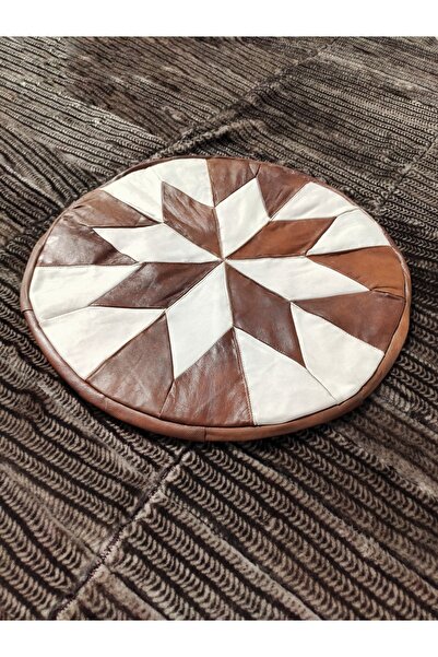 DERİHOME Taba/beyaz Hakiki Deri El Yapımı Puf - Minder