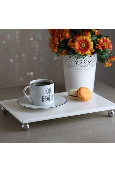 Akayev Marble White 30x20 Cm Silver Bead Standing Presentation Plate