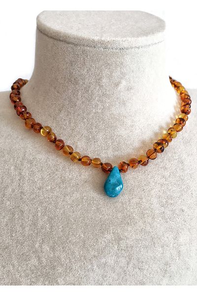 İpek Kehribar Lithuania Certified Genuine Baltic Drop Amber Women's Necklace with Turquoise Pendant Cognac Color