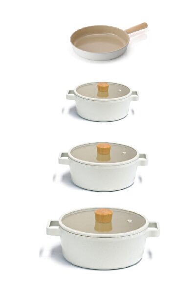 NEOFLAM Fika Alüminyum Döküm 7 Parça Krem Cam Kapaklı Tencere Tava Seti