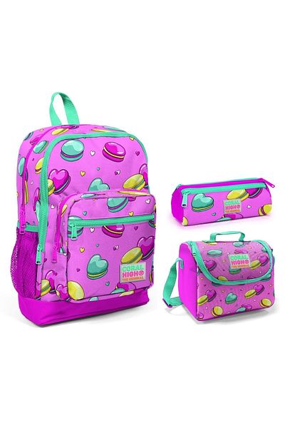 Coral High Macaron Printed Girl's 3-Piece Primary School Bag Set