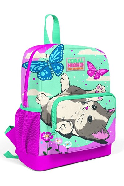 Coral High Ροζ-πράσινη σχολική τσάντα με στάμπα γάτας για νηπιαγωγείο και δημ...