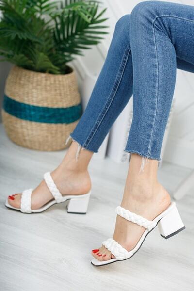 Allyup Casual Women's White Slippers Braided Double Banded Comfortable Soft Blunt Toe Thick Heels 161