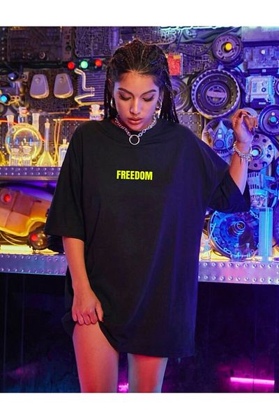 AFROGİYİM Μαύρο μπλουζάκι με στάμπα Green Freedom Unisex Oversize