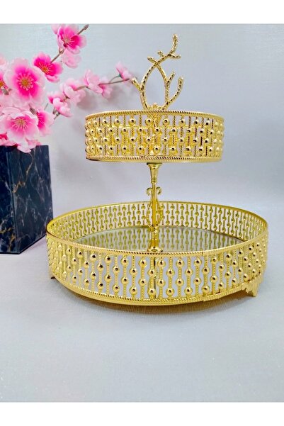 Panayır Home Two Tiers Gold Metal Mirrored Sugar Bowl Presentation Tray, Snack Bowl