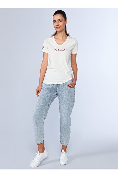 ECKO UNLTD Ecko Unlimited V Yaka Ekru Kadın T-shirt