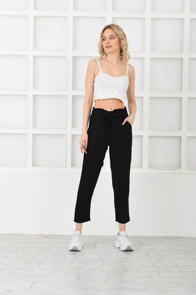 diaves Women's Summer Belmando Fabric Black Linen Trousers with Elastic Waistband and Belt Detail