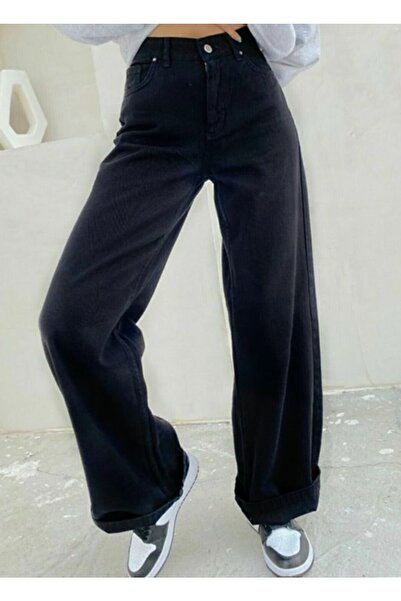 Livik Ženske crne farmerke sa visokim strukom i širokim nogavicama