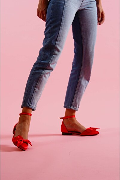 DİVOLYA Mambo Red Satin Bow Ankle Strap Pointed Toe Casual Ballet Flats