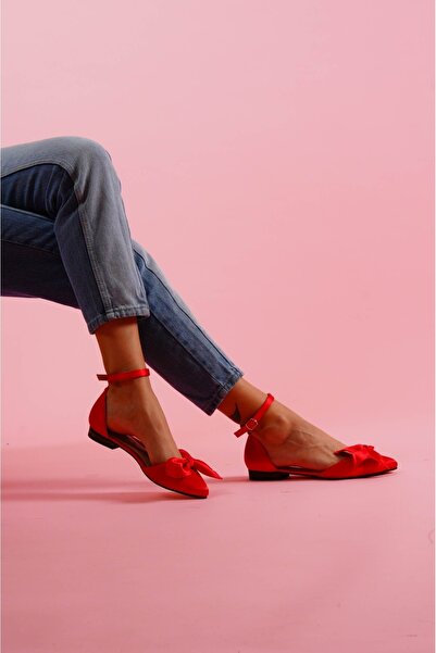 DİVOLYA Mambo Red Satin Bow Ankle Strap Pointed Toe Casual Ballet Flats