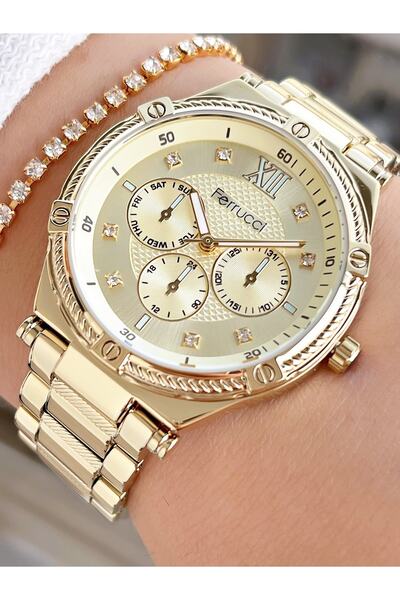 Ferrucci Altın Renk Büyük Kasa Roma Rakamlı Kadın Kol Saati + Bileklik Hediyeli