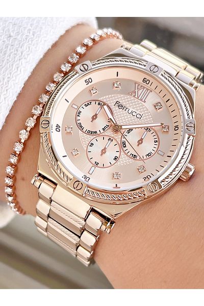 Ferrucci Rose Gold Color Large Case Roman Numeral Women's Wristwatch + Bracelet Gift