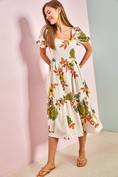 Bianco Lucci Dámské plátěné šaty s čtvercovým límcem s melounovým rukávem 5832