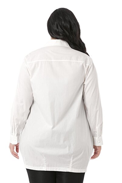 DISENTIS MODEST Büyük Beden Kuş Tüyü Baskılı Yarım Balon Kalıp Eteği Dikişli Ekru Gömlek