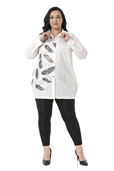 DISENTIS MODEST Büyük Beden Kuş Tüyü Baskılı Yarım Balon Kalıp Eteği Dikişli Ekru Gömlek