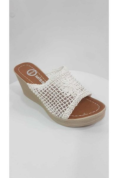 Bercestespor White Ifs 303 Knitted Embroidered Narrow Fit Wedge Heel Heel Height 7 Cm Women's Slippers