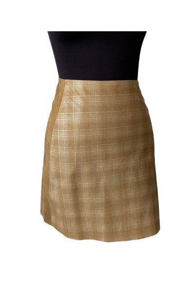 asus deri تنورة قصيرة من جلد الخراف الأصلي وجلد الغزال منقوشة بلون الخردل