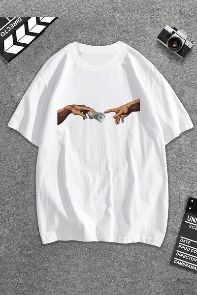 MODAGEN Unisex Λευκό μπλουζάκι με στάμπα με το χέρι