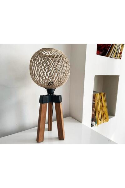 menalART Ağaç Tasarım Mini Lambader Keten Top Ahşap Abajur Ağaç Aydınlatma Komodin Üstü