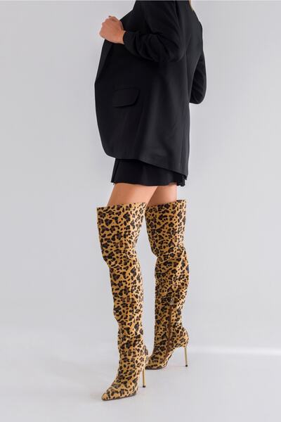 AYAKKABI PRENSİ Фарба На коліні Леопард 10 см Жіночі чоботи, Чоботи на підборах