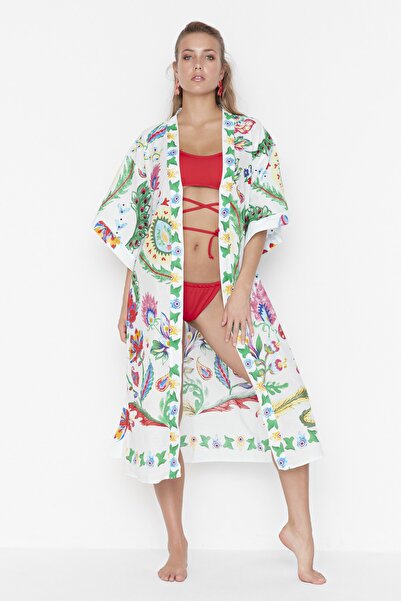 Trendyol Collection Ecru Floral Printed Voile Beach Kimono&Beach Kaftan TBESS21KM0086