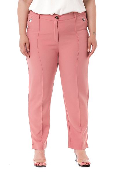 DISENTIS MODEST Large Size Narrow Leg Ribbed Stitching Pink Women's Trousers with Slit and Zipper