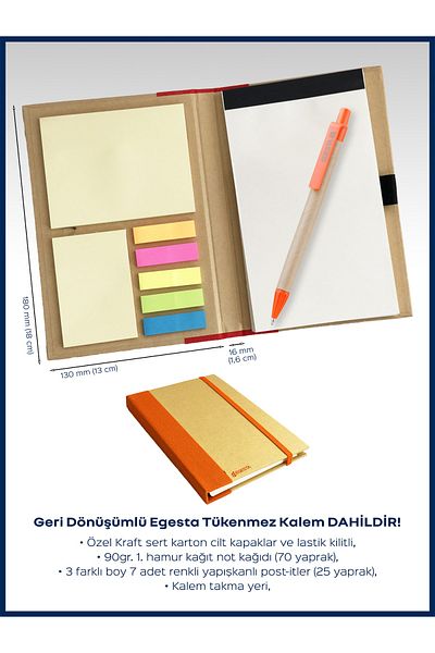 EGESTA Recycled Colored Adhesive Note Holder + Memo Pad (with Ballpoint Pen) - Orange