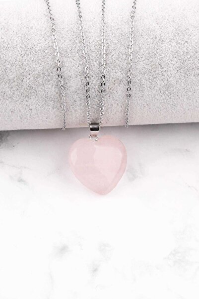 GÜMÜŞTEL EL SANATLARI Certified Pink Quartz Natural Stone Heart Necklace with...