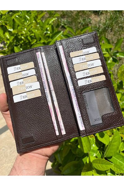DERKON Genuine Leather Wallet with Magnetic Phone Compartment Brown