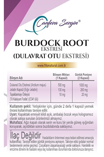Canfeza Sezgin BURDOCK ROOT Ekstresi 60 Kapsül - Dulavratotu, Dulavrat Otu, Arctium Lappa Ekstresi