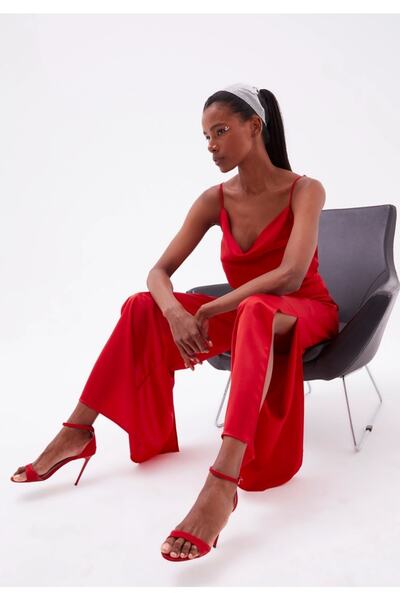 Sateen Slit Detailed Satin Trousers - Red