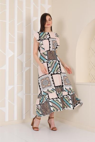 asur boutique Women's Square Patterned Elastic Waist Long Dress