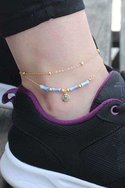 Clariss Minimal Colored Zircon Stone Oval Detail Blue Stone Double Chain Anklet