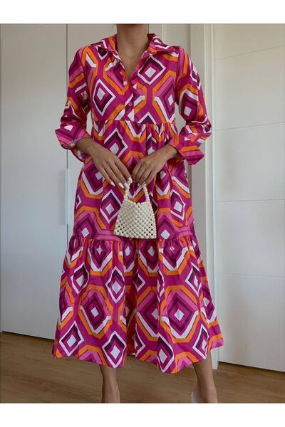 dükkan10butika Дамска рокля от поплин с дълъг ръкав и яка с шарки в цвят фукс...
