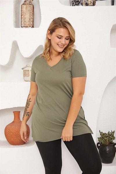 Seamoda Plus Size V-Neck Slit Basic Tshirt-Khaki