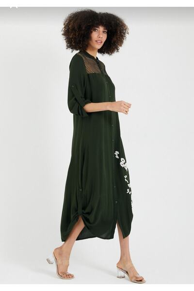 unishe Mesh Detail Khaki Embroidered Long Dress