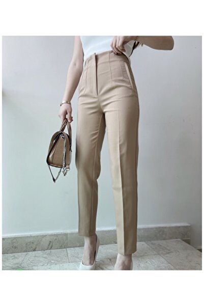 KAROL Camel Fabric Trousers with Flat Front