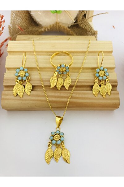 Midyat Artuklu Gümüşçülük Yaprak Modeli Firüze Taşlı Gümüş Altın Kaplama Set