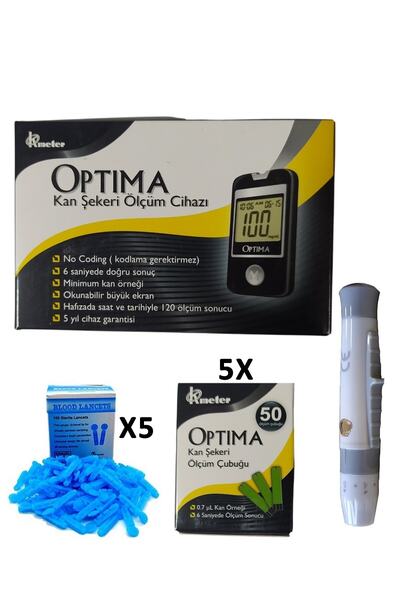 Optima 1 Adet Kan Şeker Ölçüm Çubuğu + Delme Kalemi + 5 Kutu Lanset + 5 Kutu Ölçüm Çubuğu