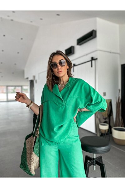 Laluvia Grasgrüner Leinensatz mit Schlitz an den Beinen