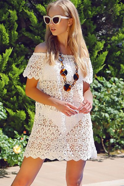 Trend Alaçatı Stili Women's White Madonna Collar Full Guipure Beach Dress ALC-X8770