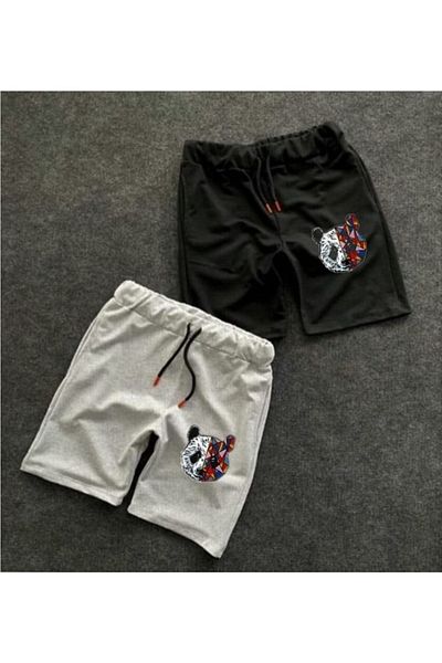 Joza Outdoors Unisex Slim Fit Γκρι Μαύρο Βαμβακερό Panda Σετ καλοκαιρινά σορτς 2 τεμαχίων