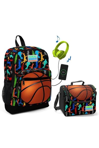 Coral High Set de geantă școlară și cutie de prânz Basketball cu imprimeu - B...