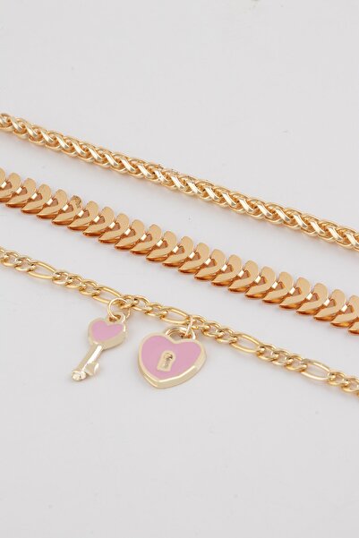 Sortie Aksesuar مجموعة أساور مكونة من 3 قطع مع شكل قلب مفتاح وقفل مفتاح قلبي 020